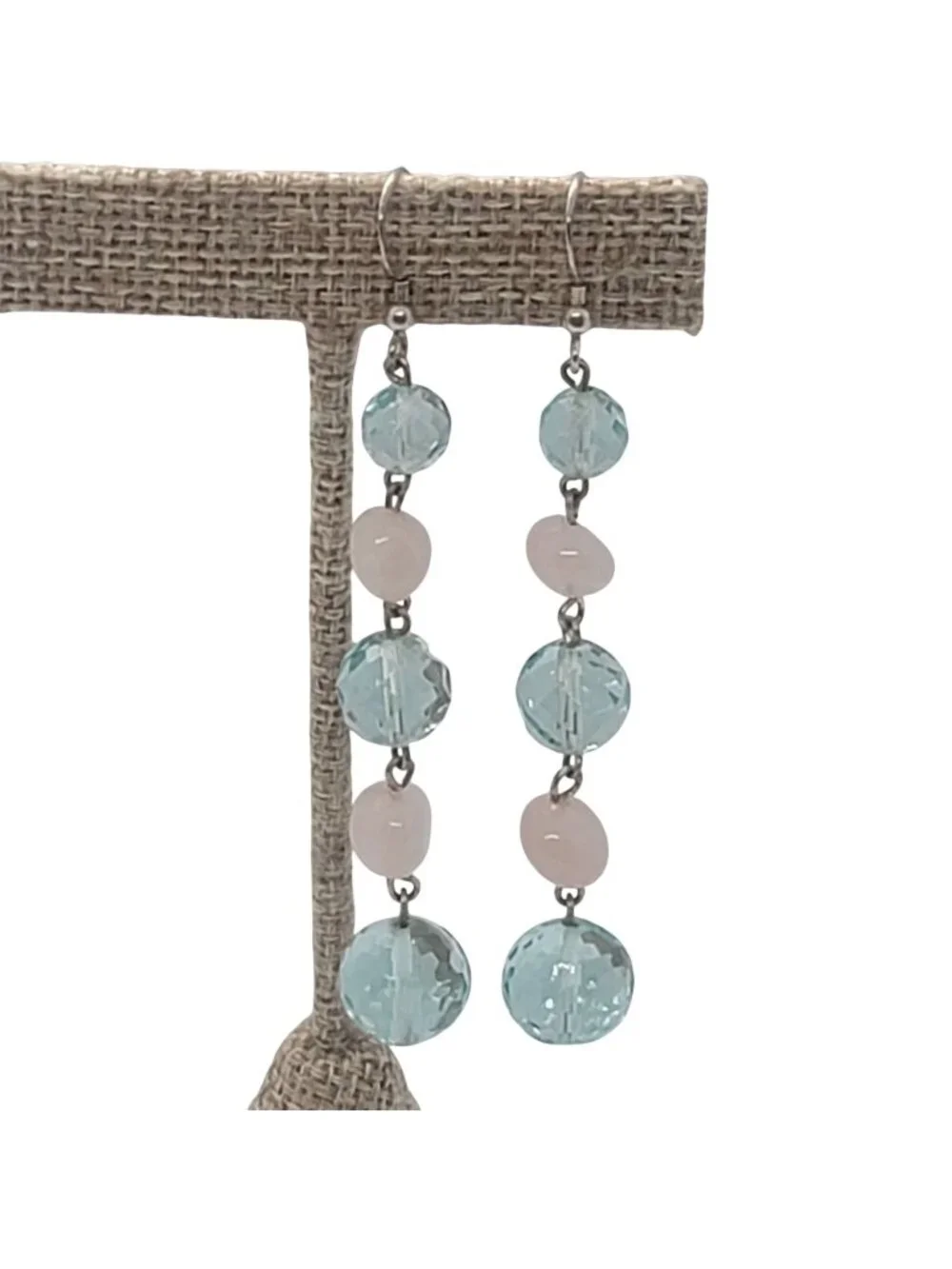 Beaded Dangle Earrings Blue Glass Beads Pink Rose Quartz On .925 Silver Hooks